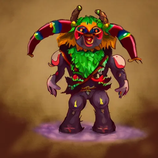 Image similar to A nightmare clown Minotaur, in the style of The Legend of Zelda: Breath of the Wild