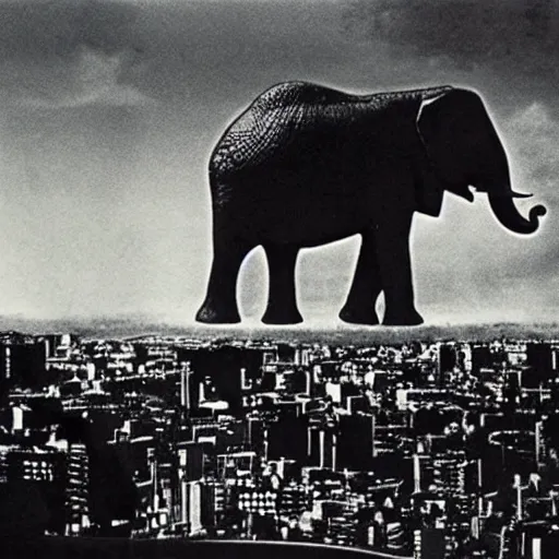 Image similar to giant elephant destroying tokyo in the style of the movie godzilla, cinematic lighting, cinematic framing and shadows 1 9 7 0 s aesthetic