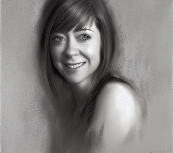 Image similar to a hyper-detailed portrait of Alyson Hannigan by Craig Mullins; oil on canvas; trending on artstation; 90mm; f/1.4