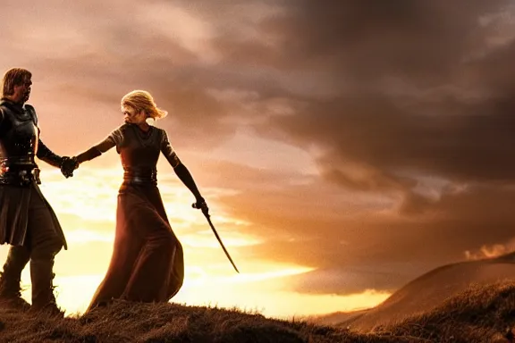 Prompt: very very intricate photorealistic photo of jaime lannister defeating cersei, photo is in focus with detailed atmospheric lighting, award - winning details