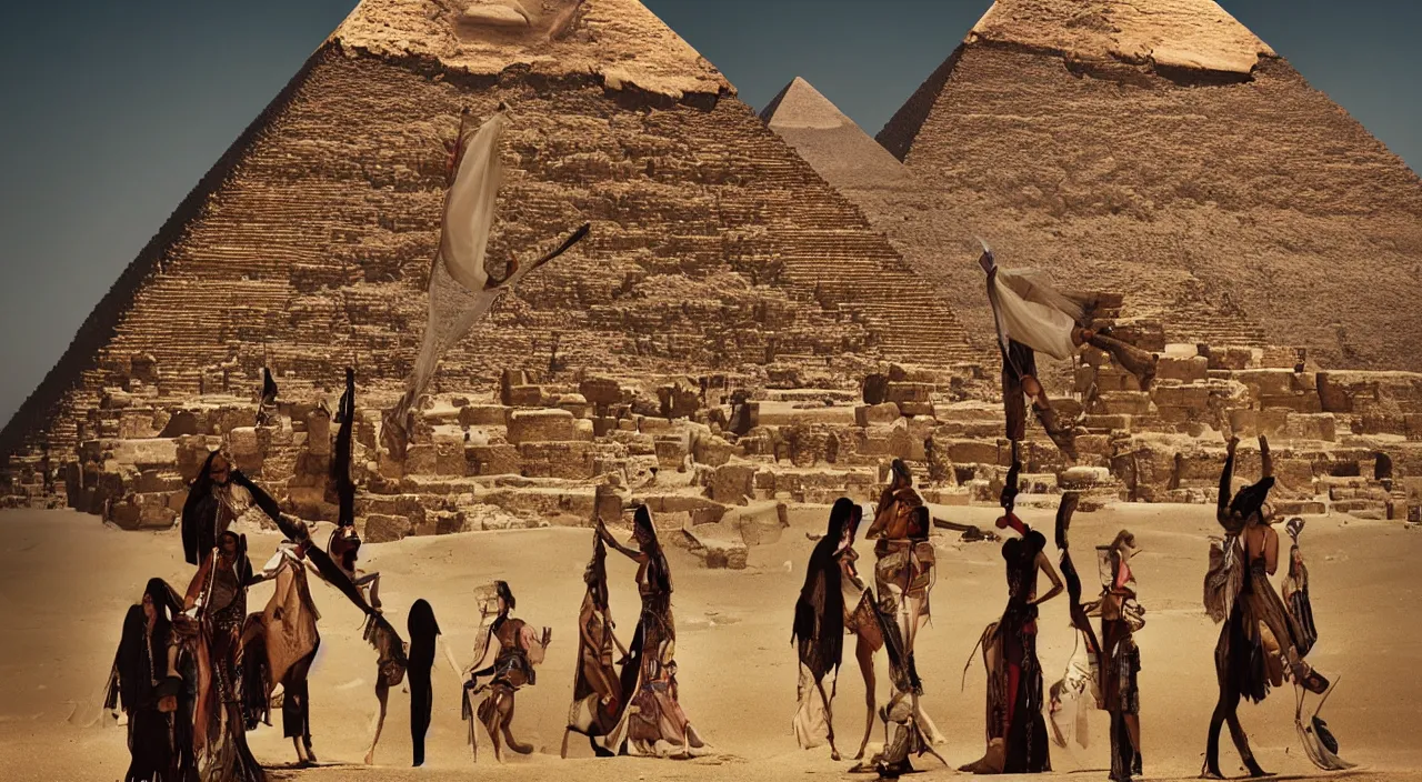 Image similar to fashion editorial portrait by jimmy nelson. on the pyramids, in egypt