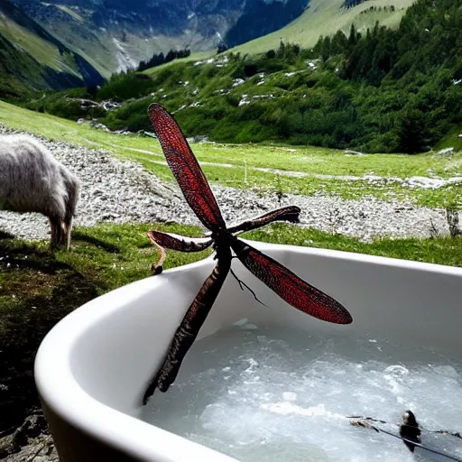 Prompt: dragonfly in a bathtub in the alps, goats!!!!!! sheeps!!! in background