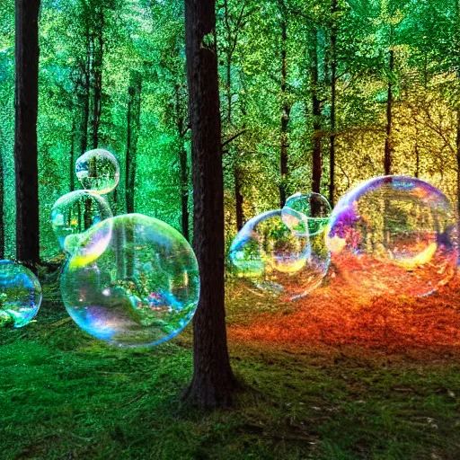 Prompt: professional photograph of a forest filled with glowing bubbles, evening, highly detailed, high quality, award-winning, awe-inspiring, spectacular, 8K, HD