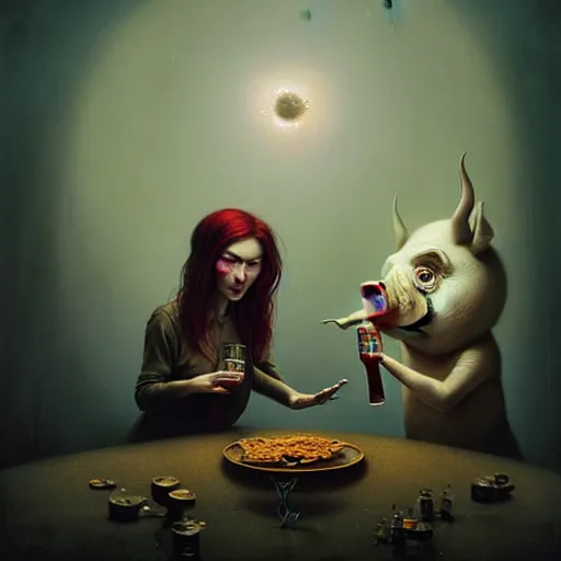 Prompt: girl with pointy hair and anthropomorphic pig wearing only black pants and drinking beer and eating potato chips, liminal spaces, cosmic horror, peter mohrbacher, jason edmiston, anton semenov, zdzislaw beksinski, esao andrews