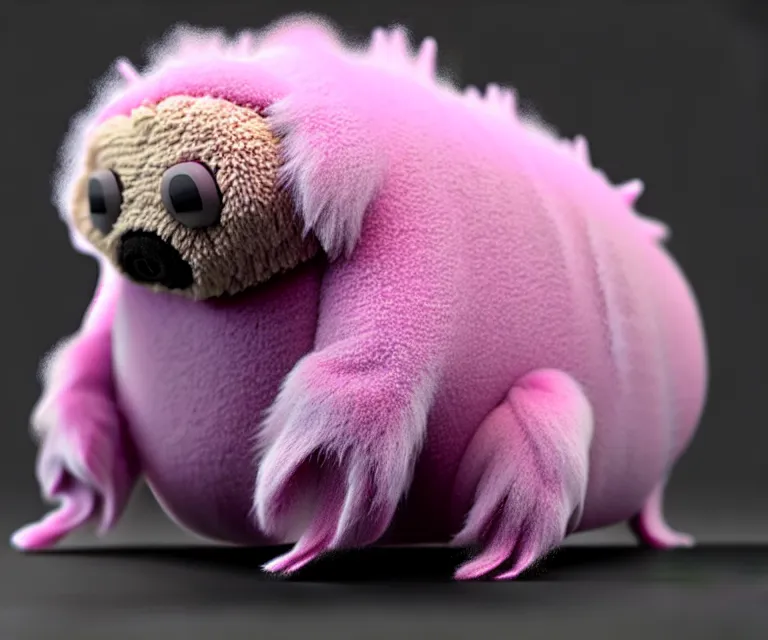 Image similar to high quality 3 d render hyperrealistic very cute small tardigrade, plush mascot, short spiky dense fluffy smooth hair, photo from the side, pink fluffy fur, 1 5 0 mm, beautiful natural soft light, rim light, vray, smooth background, artstation, ultra detailed