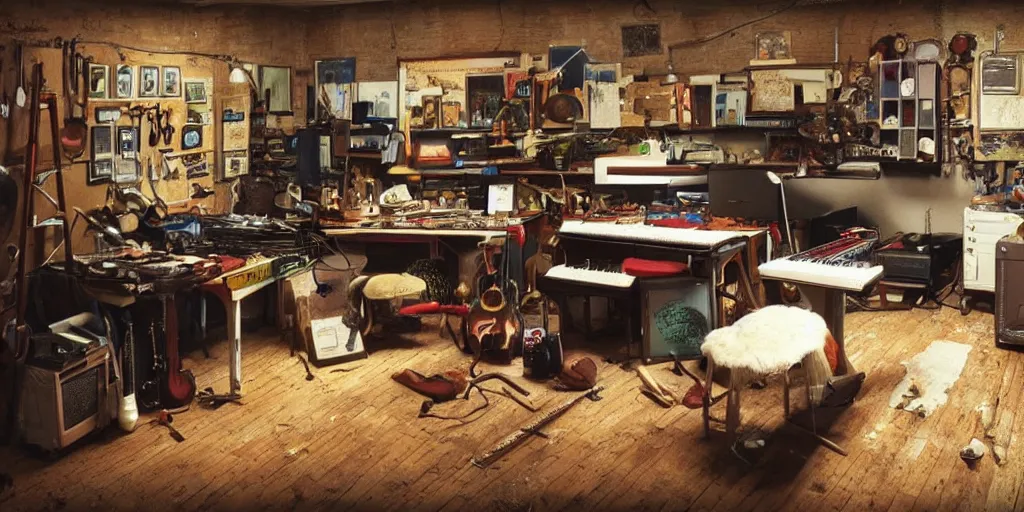 Image similar to a color photograph of a musician's basement studio with many things, workbench overloaded with broken instruments,, trending on artstation, hyperrealism