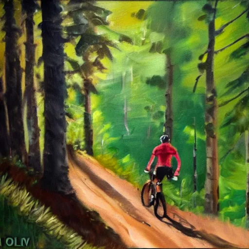 Image similar to man biking up a steep forest hill, sweaty. Oil painting. Emotional. Steep. Trees