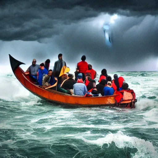 Prompt: a picture of a lot of people in a boat in the middle of a storm.