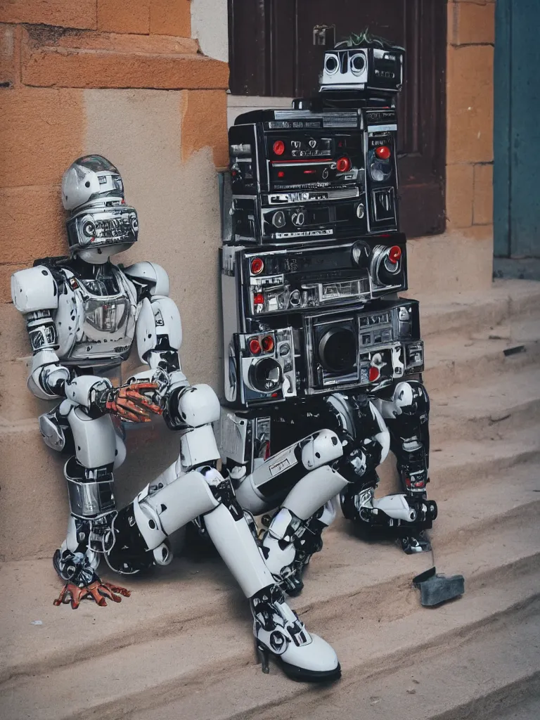 Image similar to A robot with a ghettoblaster boombox for a head, cool, retro, portrait, 1980s vibe, sitting on a stoop by a brick building