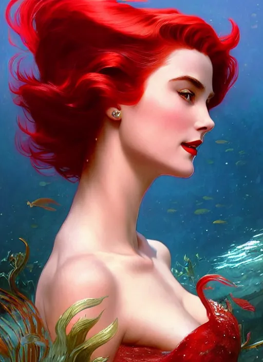 Prompt: Grace Kelly with vibrant red hair as the mermaid Ariel, underwater, western, fantasy, intricate, elegant, highly detailed, digital painting, artstation, concept art, matte, sharp focus, illustration, art by Artgerm and Greg Rutkowski and Alphonse Mucha, masterpiece, stunning, artstation