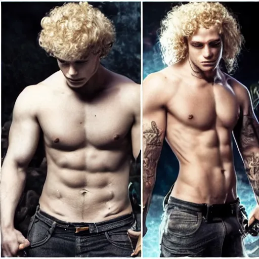 Prompt: a beautiful young tatooed man with blond curly hairs, fantasy hero, fit, armed with a flaming sword