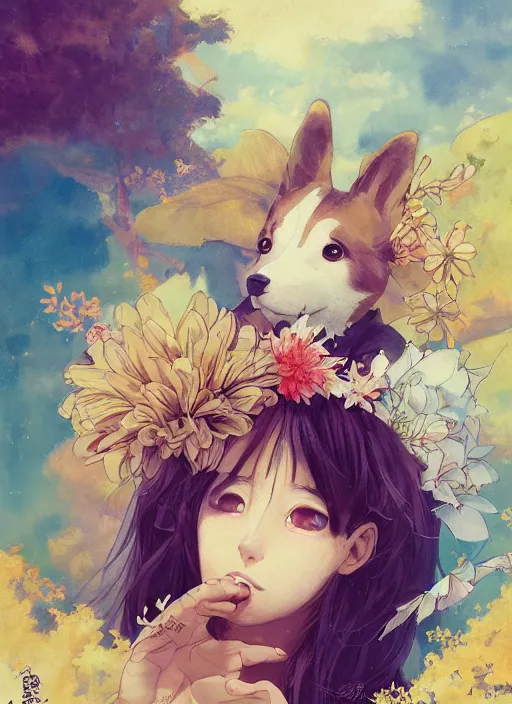 Image similar to beautiful fantasy anime painting of summer chill day with corgi, by Kenne Gregoire, James Jean, Tran Nguyen, WLOP, Jakub Rebelka. trending on Artstation, 8k, masterpiece, chill summer, graffiti paint, fine detail, full of color, intricate detail, golden ratio illustration