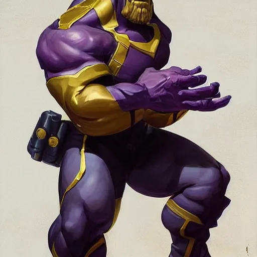 Image similar to greg manchess portrait painting of thanos as overwatch character, medium shot, asymmetrical, profile picture, organic painting, sunny day, matte painting, bold shapes, hard edges, street art, trending on artstation, by huang guangjian and gil elvgren and sachin teng