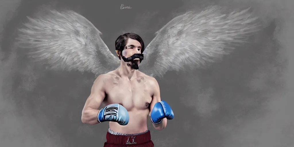 Image similar to an angelic man with boxing gloves, angel wings, a halo and a mustache, digital art