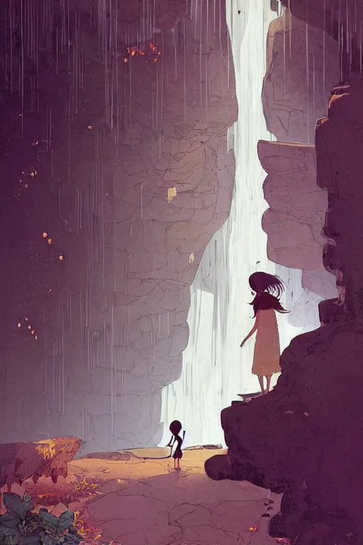 Prompt: a girl pushing a giant wooden door with archaic symbols embedded onto it, in a cave with the waterfall, digital art, illustrated by pascal campion and moebius and victo ngai