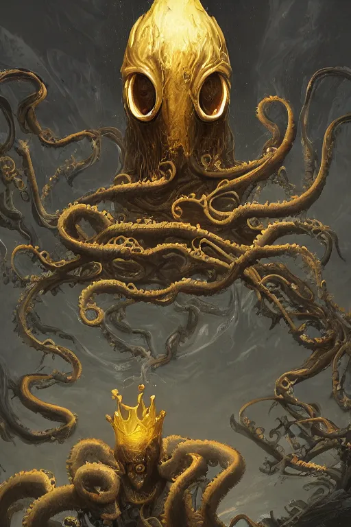 Prompt: A full body portrait of a mysterious animal with no face with a very long hooded yellow cloak, a golden crown floating above his head tentacles coming out the ground art by James Paick, and Shaddy Safadi, ominous, cosmic horror, trending on artstation, Ultra detailed, hyper realistic 4k