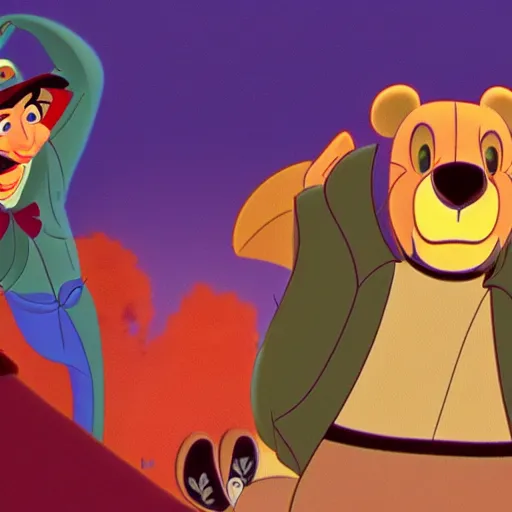 Prompt: film still vintage disney animation style of the main character bear balou wearing a leather bomber jacket in the classic disney film talespin standing next to an airplane