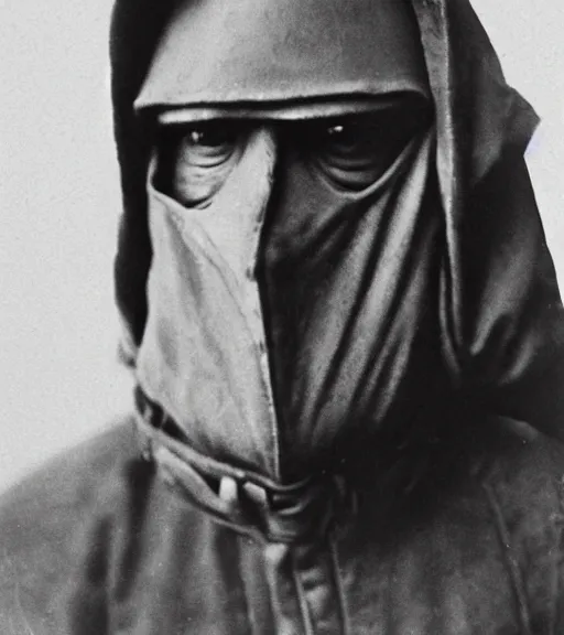 Prompt: full body portrait of a man at distance wearing hooded mask covering his entire face, ww1 film photo, grainy, high detail, high resolution