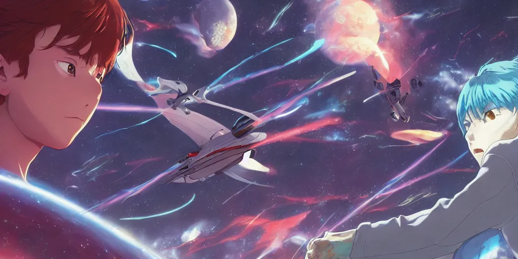 Image similar to intergalactic battle, art by makoto shinkai and alan bean, yukito kishiro