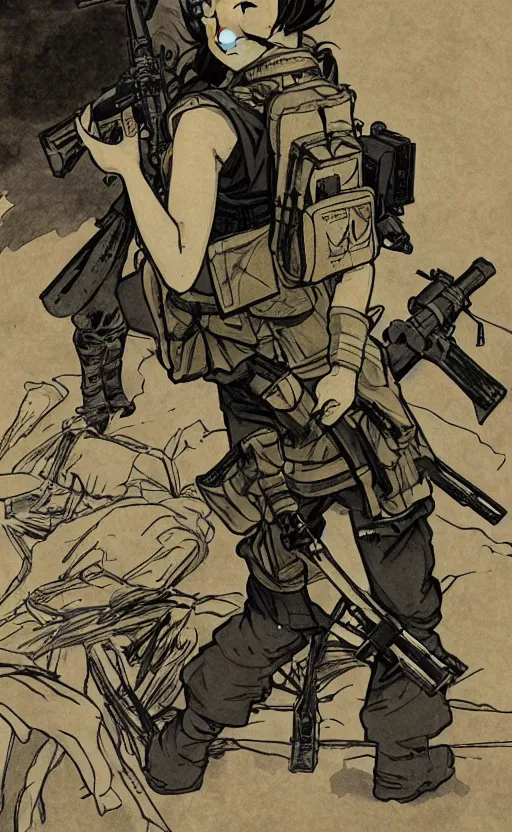 Image similar to manga style, from shonen jump, black inking, modern warfare, portrait of a girl under artillery fire, trench sandbags in background, soldier clothing, long hair, hair down, symmetrical facial features, comic page, trending pixiv, shadow patterns, by alphonse mucha, greg rutkowski, cushart kenz, sharp focus, backlit