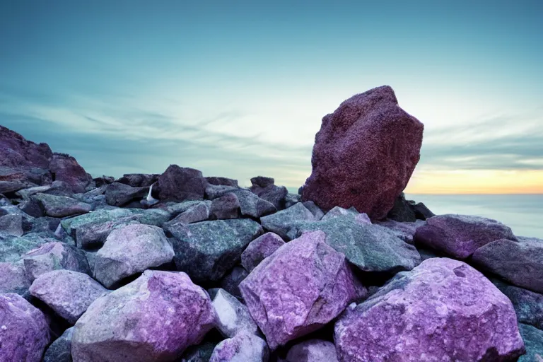 Image similar to rocks falling off a cliff in the evening, purple glow