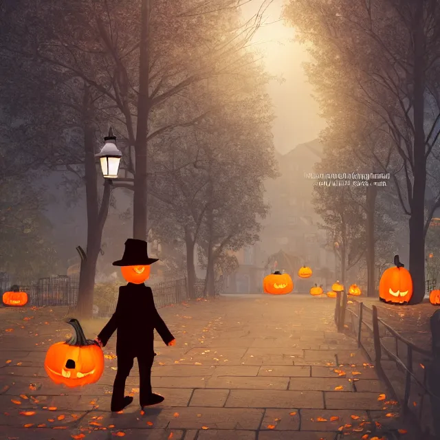 Image similar to night time jack o lantern man walking in a colonial street on halloween, over the garden wall pottsfield, tall maple trees along street, chimneys on buildings, old street lamps, pumpkin people walking, fall foliage, over the garden wall, light cinematic, volumetric, realistic, cinematic lighting, ray tracing, unreal engine 5, octane render, hyper realistic, 8 k