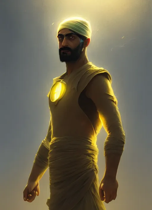 Image similar to highly detailed portrait arab man superhero, fighter, yellow charcoal, stephen bliss, 8 k, unreal engine, fantasy art by greg rutkowski, loish, rhads, ferdinand knab, makoto shinkai and lois van baarle, ilya kuvshinov, rossdraws, tom bagshaw, global illumination, radiant light, detailed and intricate environment