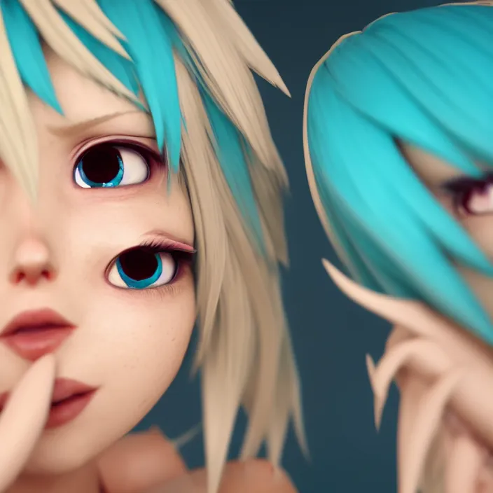 Image similar to coffee blond colored hair, teal pupils, symmetric facial structures, random background, bluish lighting, naturel, birthday, anime, rose suit, unreal engine 5 render, trending on artstation