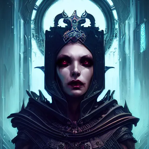Prompt: queen of death. intricate portrait, occult cyberpunk, ancient futuristic, dark art, occult. by Petros Afshar, by artgerm, by Eddie Mendoza, by Peter mohrbacher. unreal engine, depth of field, bokeh