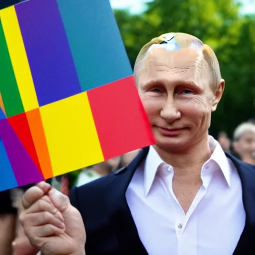 Prompt: portrait of putin at gay pride, sharp, focus, elegant, leather, joyful, dancing,