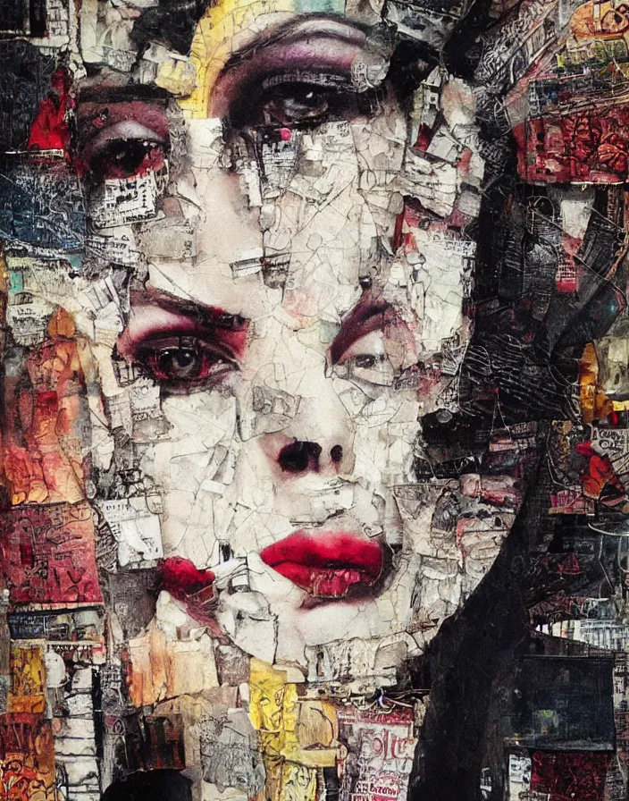 Prompt: urban decadent romance detailed photo and highly reliefed analogue mixed media collage with canvas texture in style of conteporary art, punk art, hyperrealistic beautiful face, photorealistic, expressionism, masterpiece, perfect composition, spectacular quality, intricate oil details