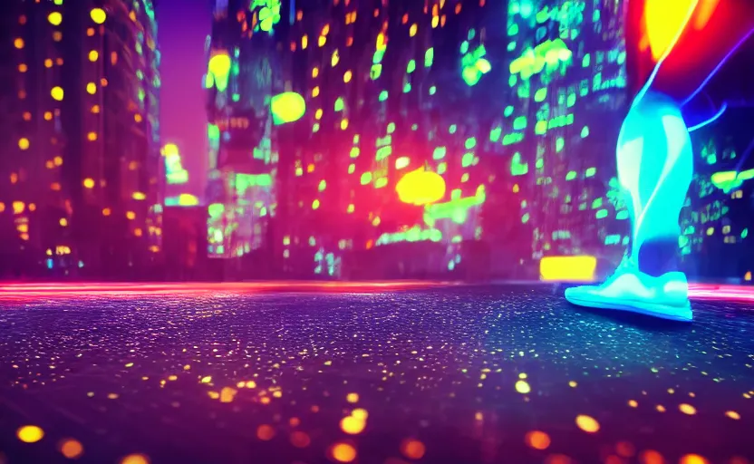 Prompt: macro view of a giant of 1 km of hight walking on the big city, tron, close up bokeh hiperrealistic neon glow darkness dramatic neon, sharp focus, octane render, imax