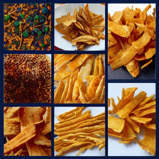 Prompt: a chaotic collage of award winning crispy crisps