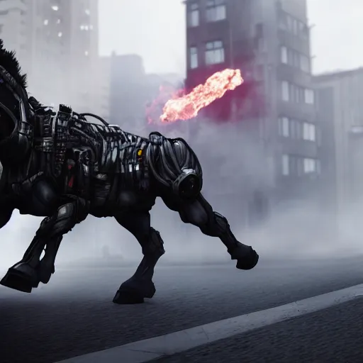 Prompt: apocalyptic, a terminator horse walking on the future street. smoke. volumetric lighting, sharp focus, ultra detailed, cgsociety - w 1 0 2 4 - n 8 - i