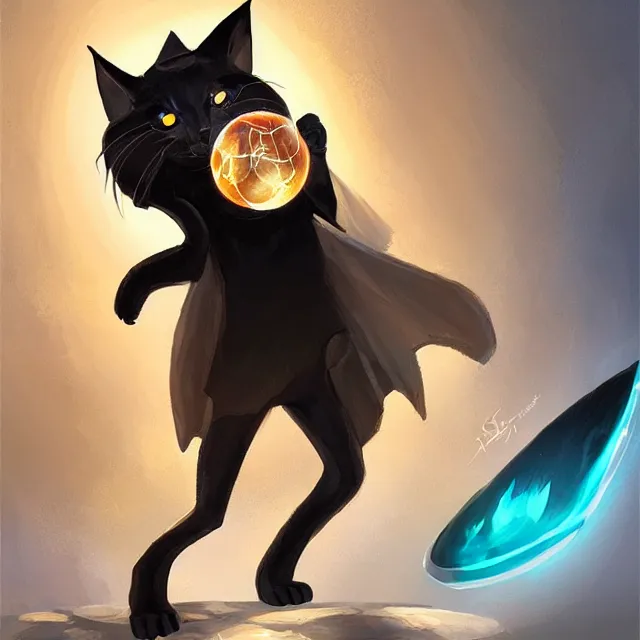 Image similar to black cat tabaxi sorcerer wearing robes holding a glowing crystal, character concept art, oil painting, artstation