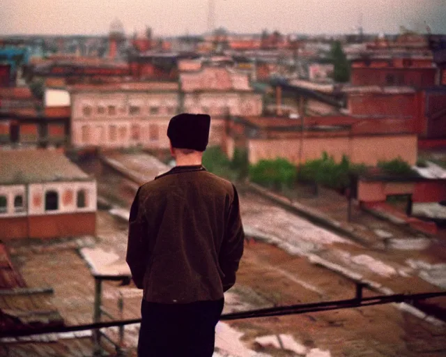 Image similar to lomo photo of man standing on the roof of soviet hrushevka, small town, cinestill, bokeh, out of focus
