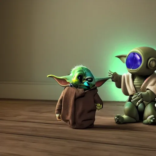 Prompt: real vintage photo, an alien baby meeting a little robot and baby yoda, detailed, hyper realistic, 4 k octan render, unreal 5