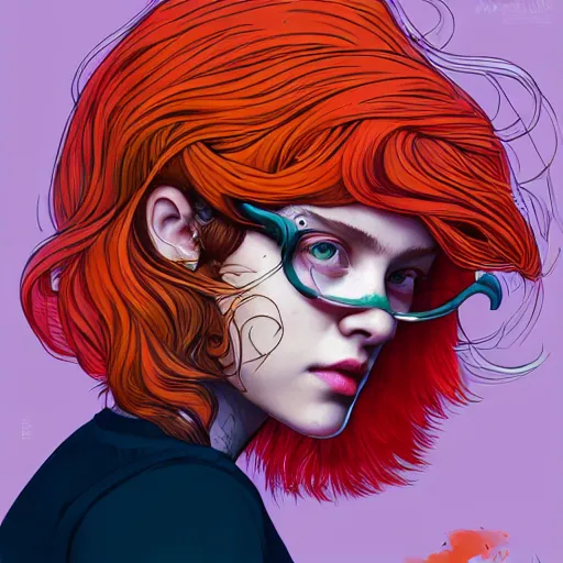 Image similar to portrait painting of a teenage girl with swept back wild orange hair, fashionable, windy, face paint, sharp focus, award - winning, trending on artstation, masterpiece, highly detailed, intricate. art by josan gonzales and moebius and deathburger