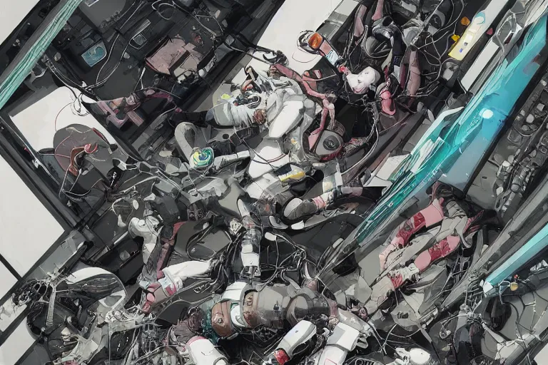 Image similar to a cyberpunk illustration of a group of female androids in style of masamune shirow, lying on an abstract, empty, white floor with their body parts scattered around in various poses and cables and wires coming out, by yukito kishiro and katsuhiro otomo, hyper-detailed, intricate, view from above