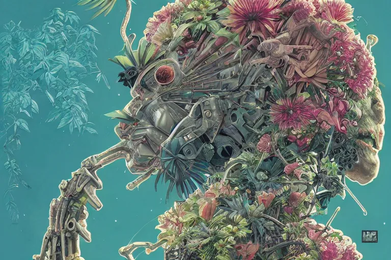 Image similar to gigantic mecha head, a lot of exotic vegetation, trees, flowers by moebius, dull colors, junji ito, tristan eaton, victo ngai, artgerm, rhads, ross draws, hyperrealism, intricate detailed, risograph