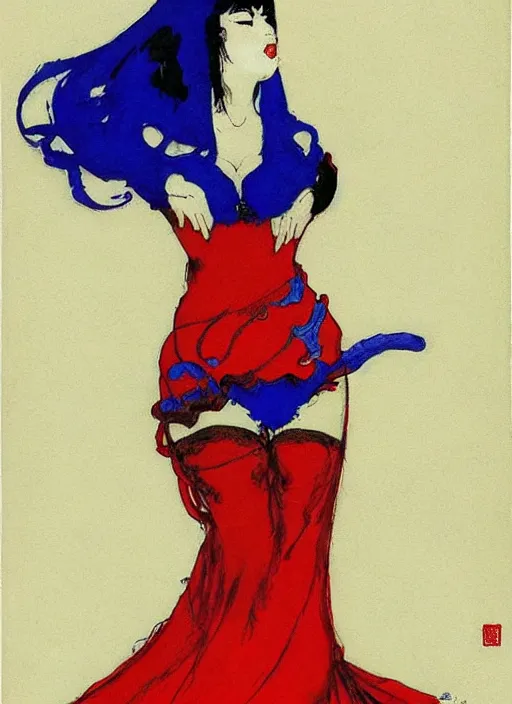 Image similar to portrait of heavyset korean vampiress, jeweled veil, blue and red, strong line, saturated color, beautiful! coherent! by frank frazetta, high contrast, minimalism