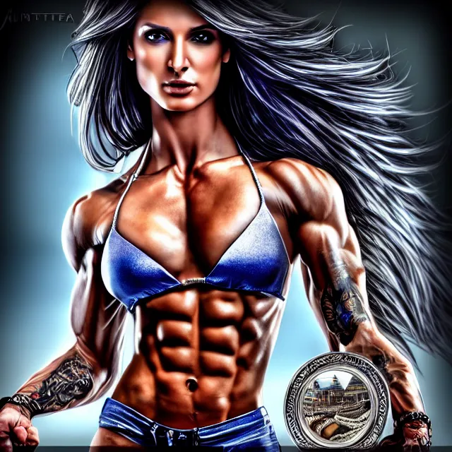 Image similar to beautiful!! fit woman anne stokes highly detailed 8 k hdr smooth sharp focus high resolution award - winning photo photorealistic chrome reflect