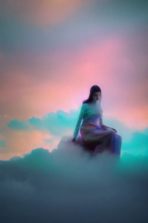 Image similar to high quality pastel coloured film close up wide angle photograph of a model wearing clothing resting on cloud furniture in a icelandic black rock environment in a partially haze filled dreamstate world. three point light, rainbow. photographic production. art directed. pastel colours. volumetric clouds. pastel gradient overlay. waves glitch artefacts. extreme facial clarity. 8 k. filmic.