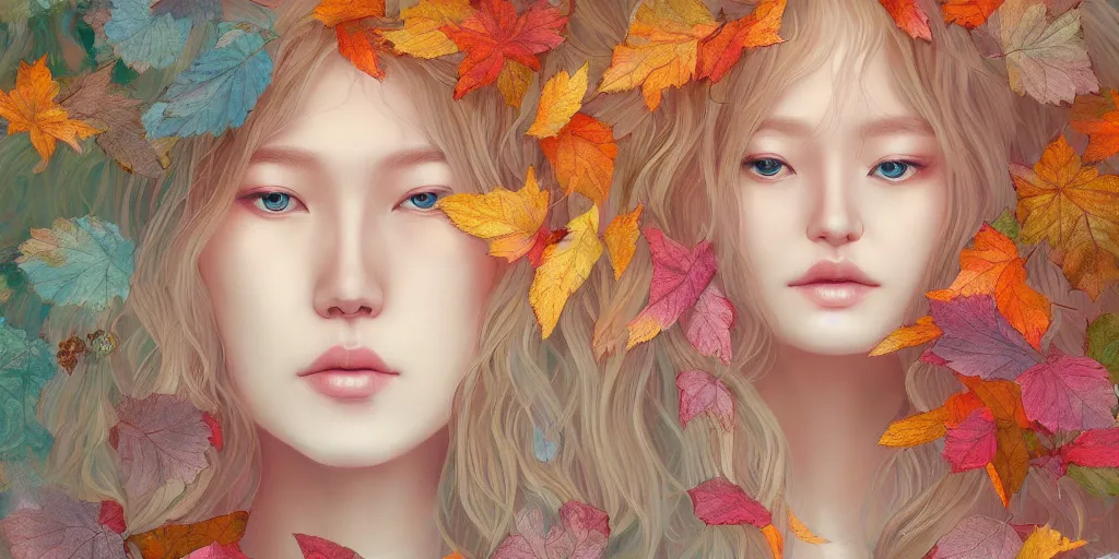 Image similar to breathtaking detailed concept art painting pattern pastel colors of blonde hair faces goddesses amalgamation autumn leaves, by hsiao - ron cheng, bizarre compositions, exquisite detail, 8 k