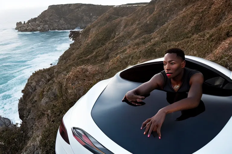 Image similar to photo of a gorgeous black model sitting on a Tesla on a cliff on the ocean By Emmanuel Lubezki