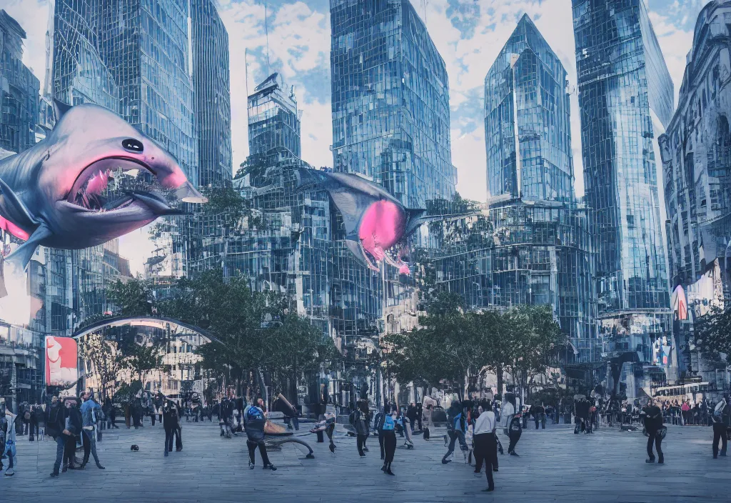 3 d 🦈 popping out of curved screen, city square, Stable Diffusion