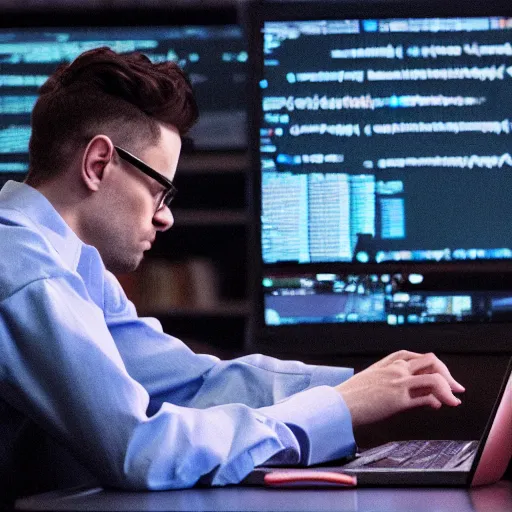 Image similar to A programmer expertly wrangling code late at night, intensely focused, coffee on his desk, highly detailed, sharp focus, cinematic lighting, dramatic still from Mr Robot