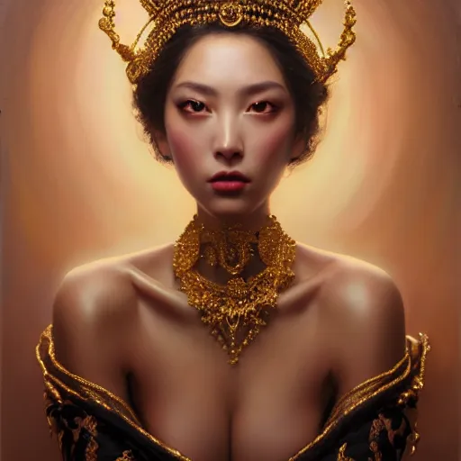 Prompt: expressive oil painting, of alluring european princess, deep seductive look, smooth glowing skin, glistening body, love, adoration, blushing, ornate headpiece of black beads, glamour shot, by yoshitaka amano, by greg rutkowski, by jeremyg lipkinng, by artgerm, digital art, octane render, glimmering robes