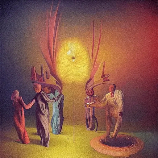 Image similar to colourful scene from a dream. digital artwork by vincent bons, michael whelan, remedios varo and gerardo dottori. grainy and rough. interesting pastel colour palette. beautiful light. oil and water colour based on high quality render.