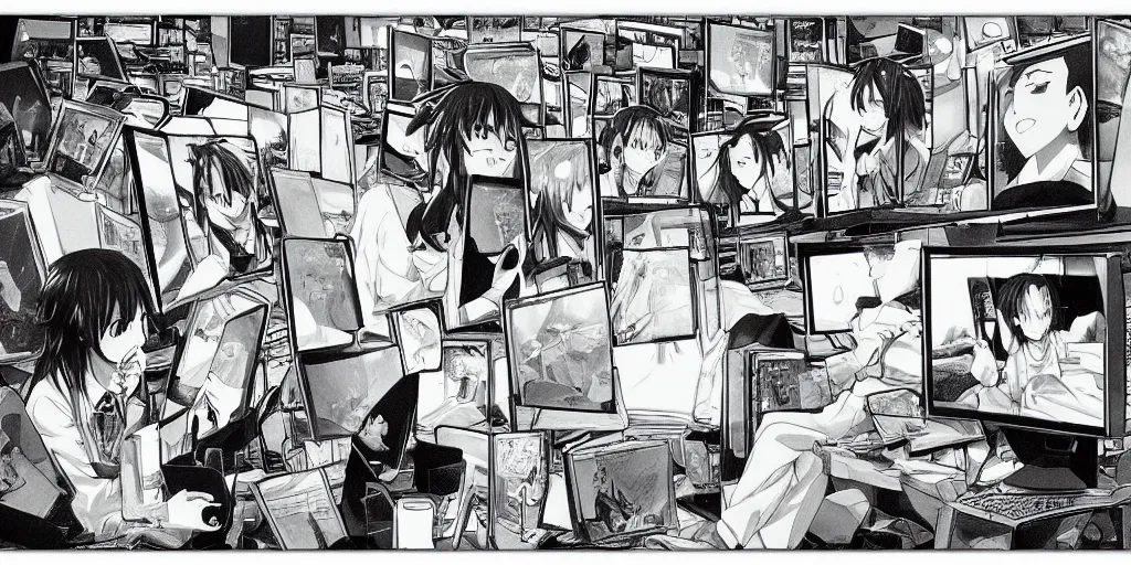 Prompt: anime art of a couple watching a film on a large screen and looking at dozens of screens simultanously, lazy and cozy, consumerism